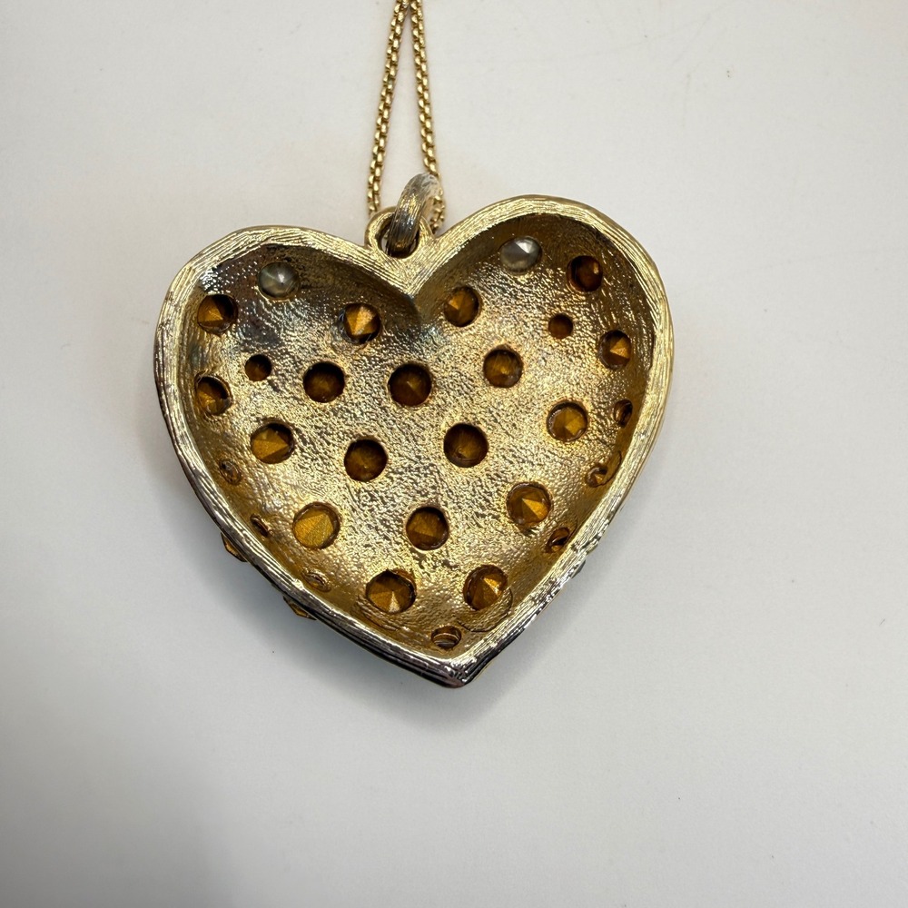 Rainbow Rhinestone Puffy Heart Necklace Vintage Gold Tone Long Chunky - Picture 5 of 8